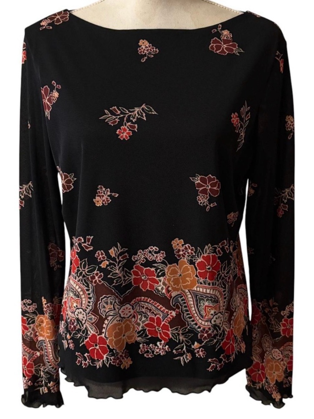 Vtg AGB Amy Byer Sheer Sleeve Lettuce Trim LS Floral Y2K 90s Fairy Grunge Top L